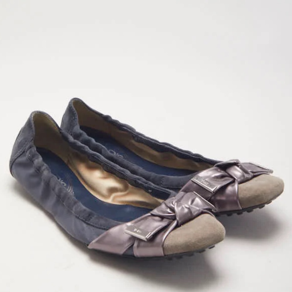 Tod's Leather Suede Ballet Flats Bow Driving Shoes Ballerinas Comfort Blue 9 39